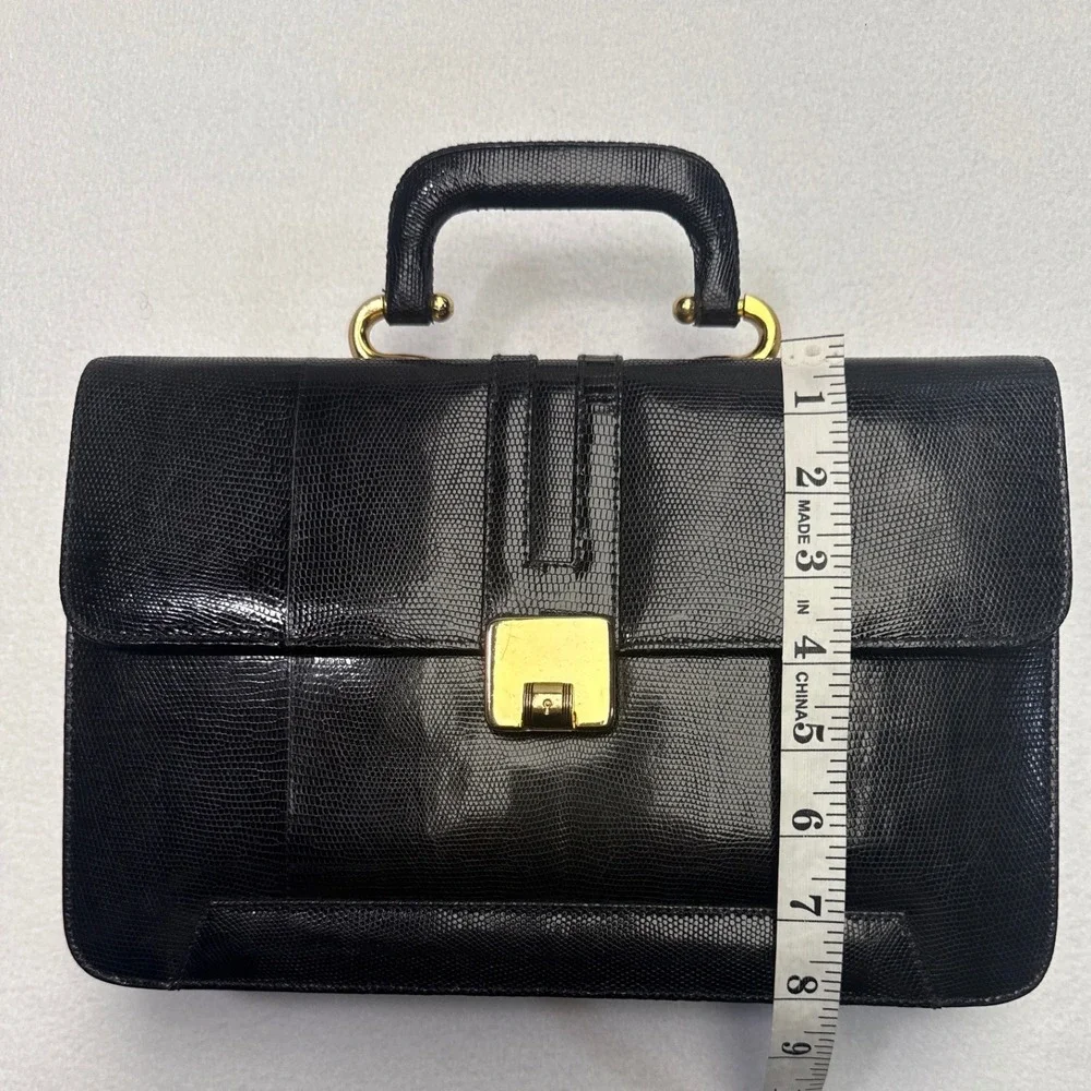 Vintage Black Lizard Embossed Leather Top Handle Strap Purse Bag Gold Hardware